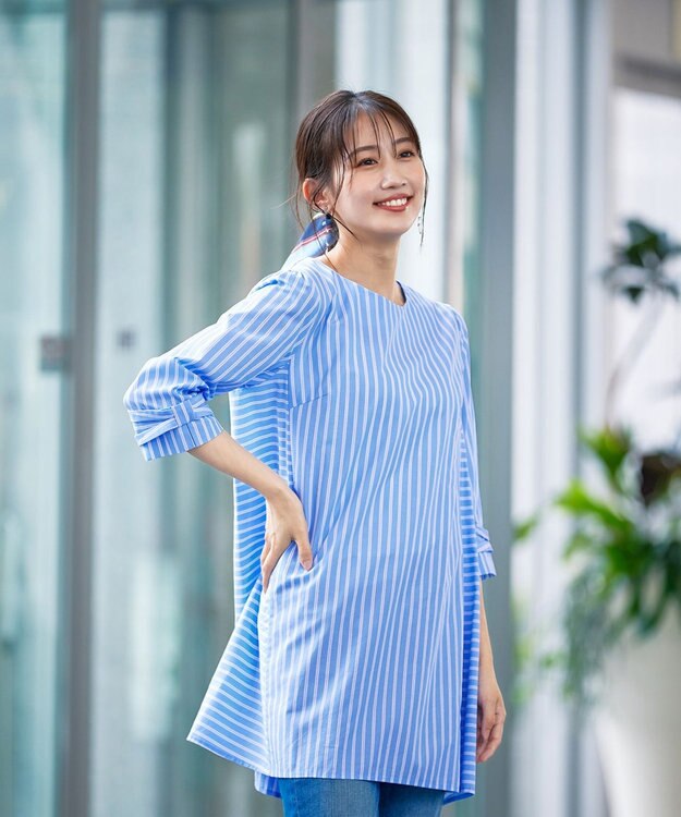Tiaclasse 【洗える】リボンスリーブストライプチュニックブラウス サックス×オフストライプ