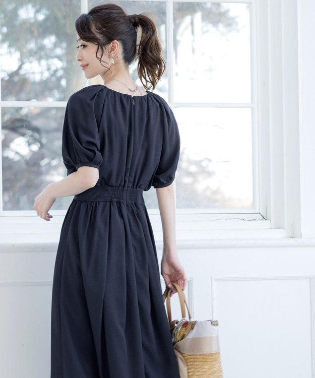 Tiaclasse 【洗える】麻調ギャザーワンピース ネイビー