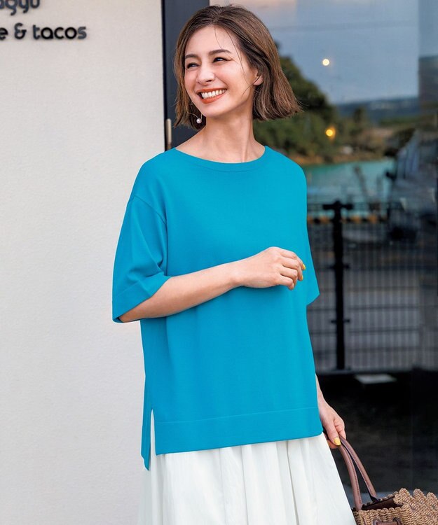 UNFILO L スゴ機能美 ハーフスリーブ ニット ターコイズ