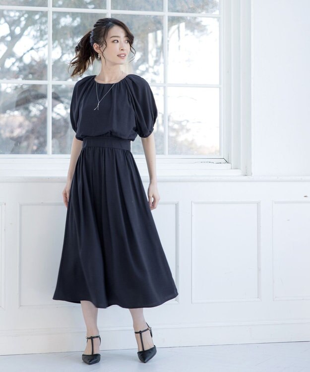 Tiaclasse 【洗える】麻調ギャザーワンピース ネイビー