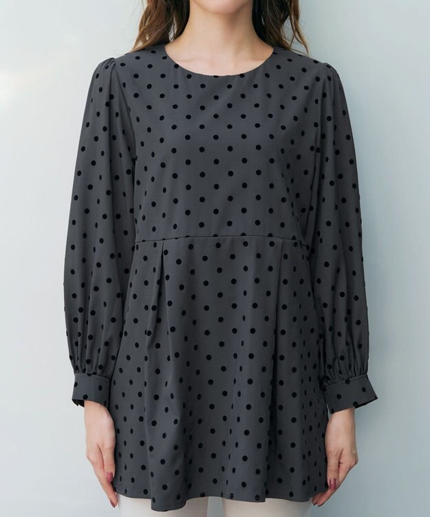 Tiaclasse L 【洗える】フロッキードットチュニック チャコールグレー
