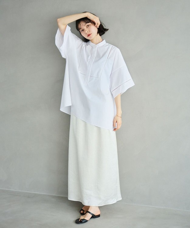 #Newans 【洗える/セットアップ可能】ハシゴレースビブデザインシャツ ホワイト