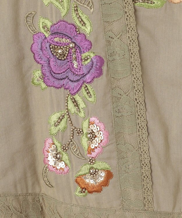GRACE CONTINENTAL フラワー刺繍エスニックワンピース カーキ