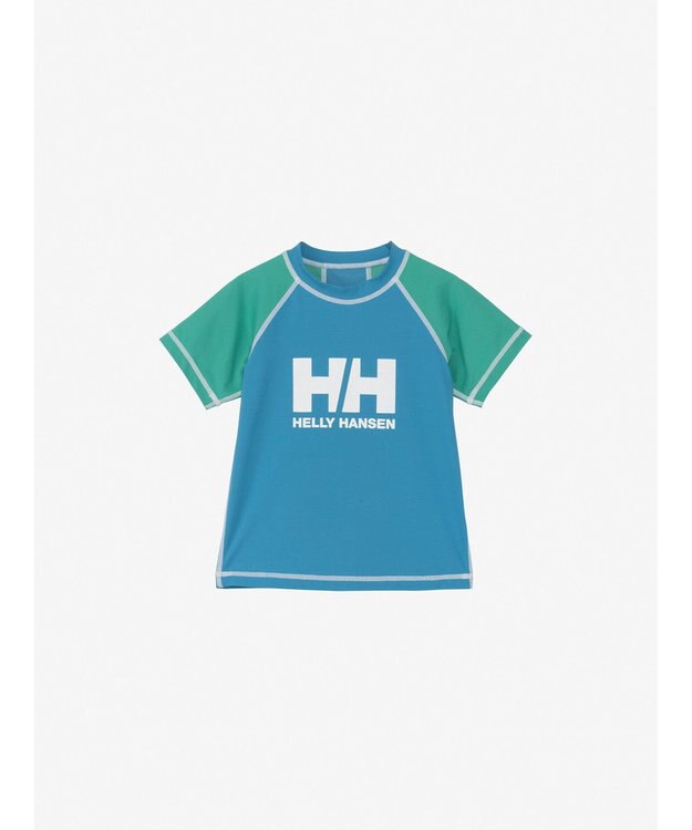 HELLY HANSEN 【キッズ・UVカット・耐海水・耐塩素・記名ラベル付】ショートスリーブ HHクルーラッシュガード ブルージェイ×アクアグリーン