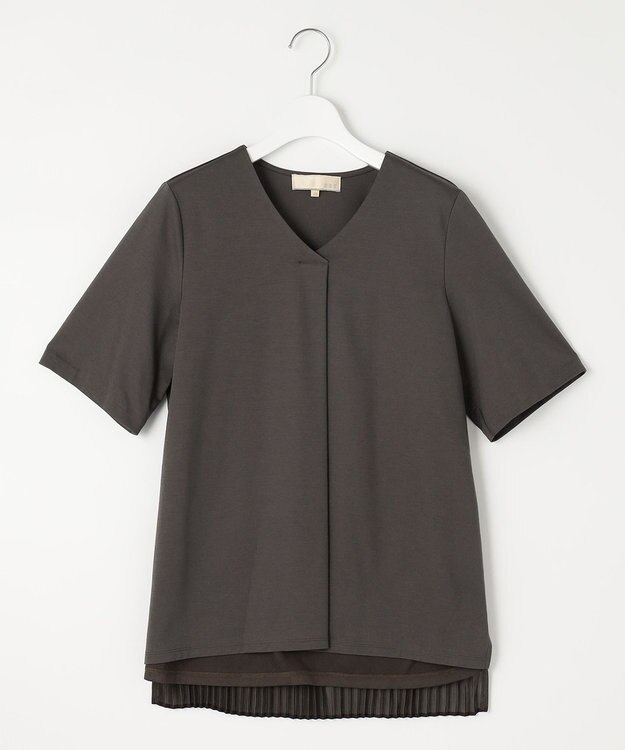 自由区 【洗える・XSサイズあり】シアーコンビバックプリーツ カットソー ダークブラウン系