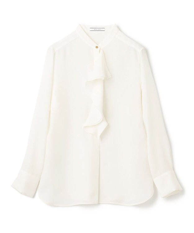 BEIGE， 【洗える】STOW / バンドカラーフリルブラウス Ecru