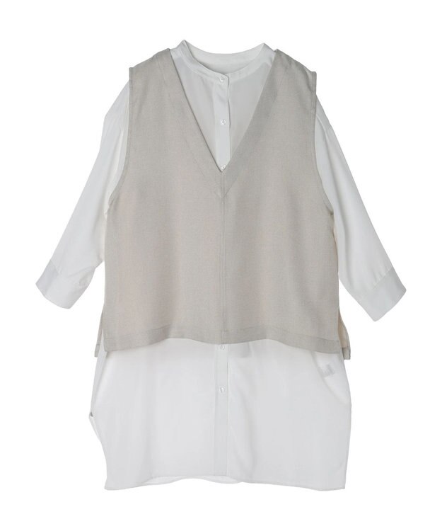 Green Parks ＳＥＴ２点Ｖネックベスト＋７分袖ミディシャツワンピース Beige