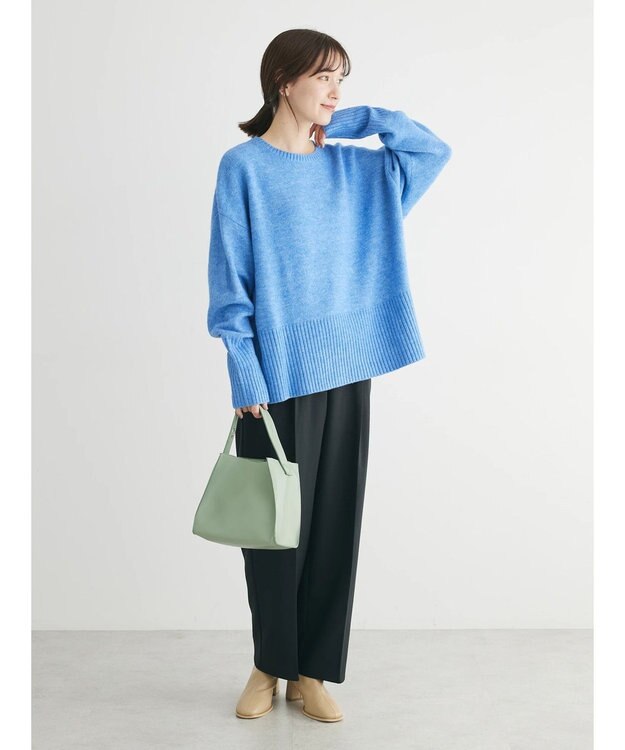 Green Parks ｆｕｗａっとメランジ袖リブ長めニットプルオーバー Sax