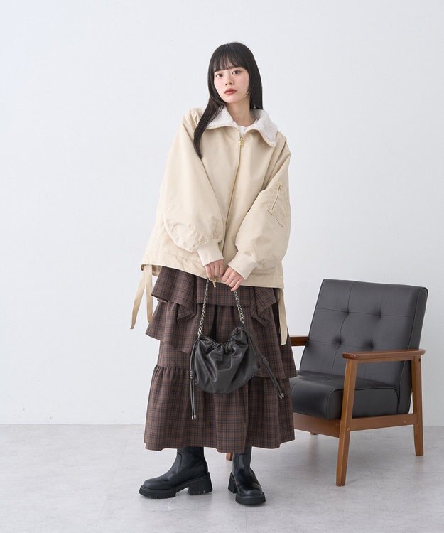 earth music&ecology ハイウエストランダムティアードチェックスカート Check Brown
