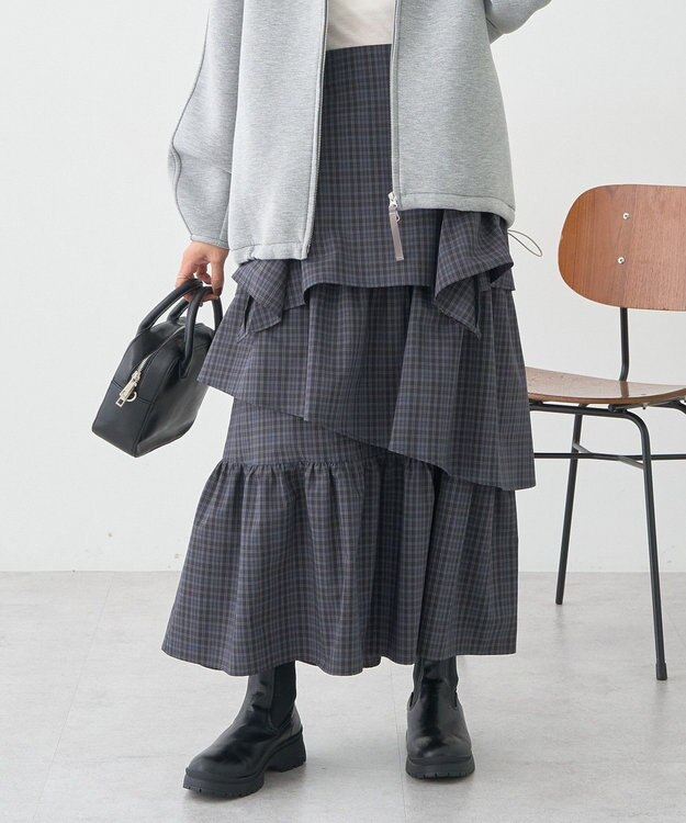 earth music&ecology ハイウエストランダムティアードチェックスカート Check Gray