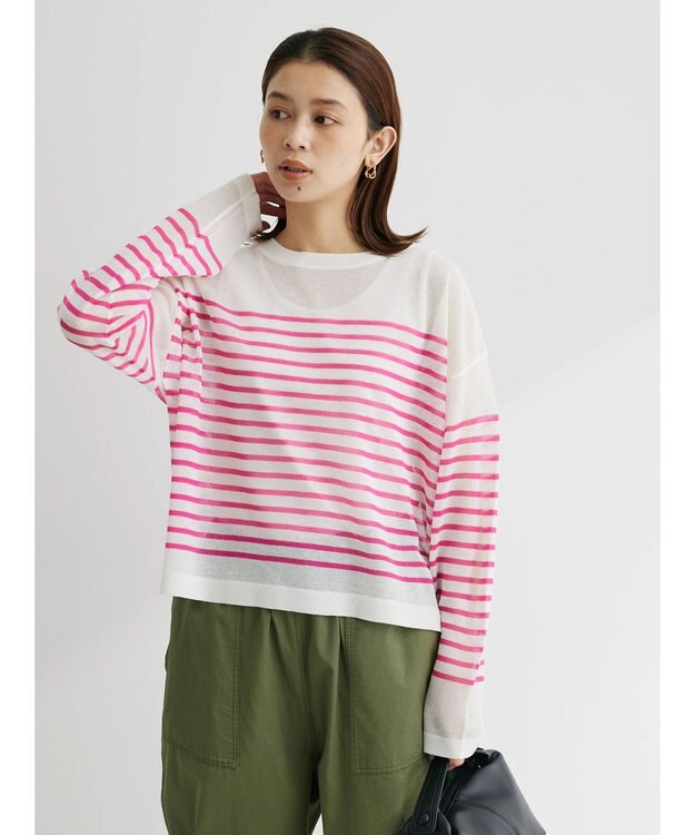 Green Parks シアーボーダーニットプルオーバー Pink