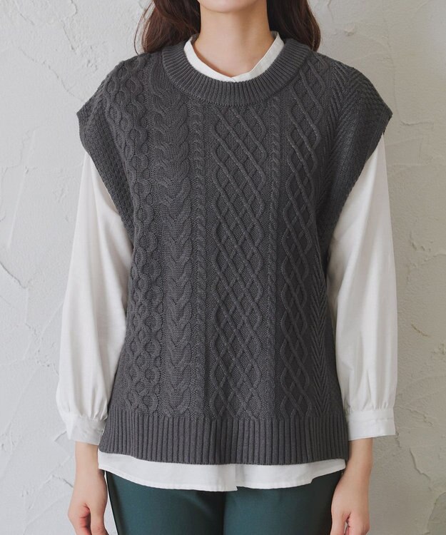 Tiaclasse 【2点セット・洗える】ニットベスト＋起毛シャツ チャコールグレー