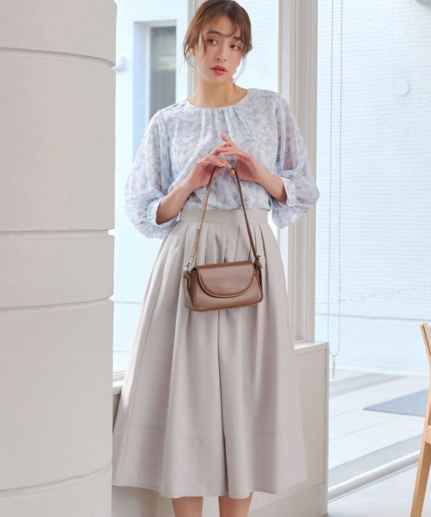 Tiaclasse 【新色追加・選べる丈】麻調タックフレアスカート ミモレ丈グレージュ