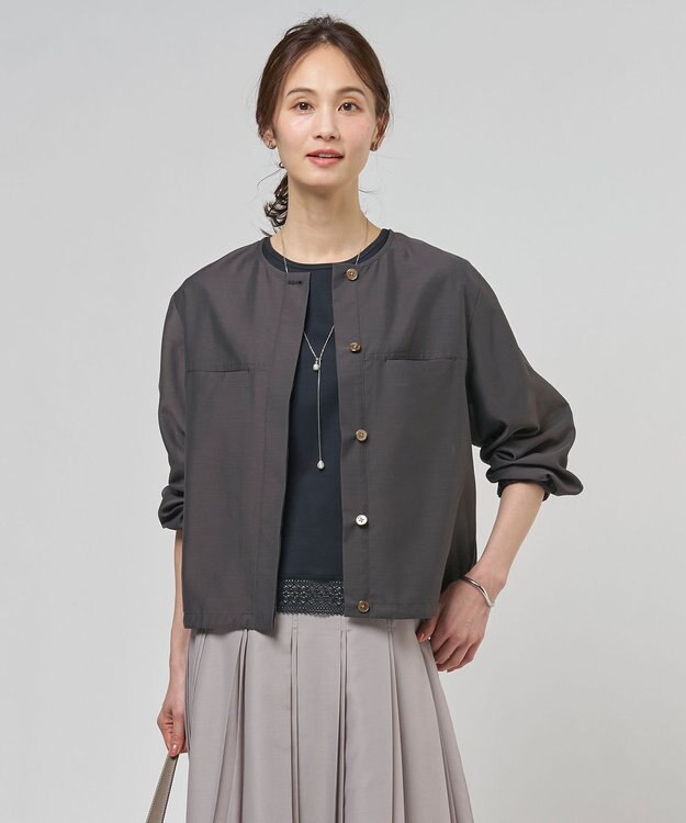 J.PRESS LADIES L Pe リネン シアー スラブ ノーカラー ブルゾン スレートブラウン系