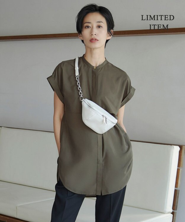 ICB 【洗える】ヌーディスローン  バンドカラーブラウス カーキ系