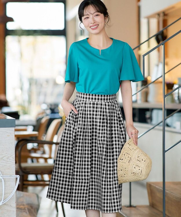 Tiaclasse 【新色追加・選べる丈】麻調タックフレアスカート 膝丈ブラックチェック