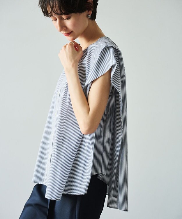 #Newans 【金子綾さんインスタライブご紹介アイテム】マルチストライプノースリーブシャツ ネイビーストライプ