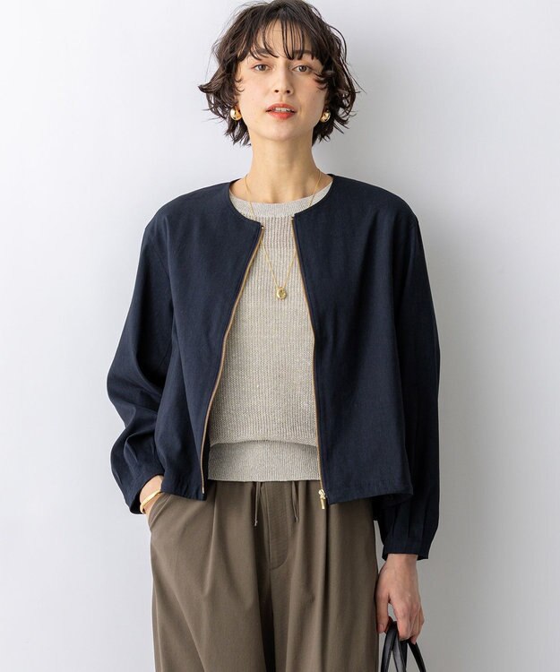 23区 リネンレーヨンストレッチ ノーカラー ブルゾン ネイビー系