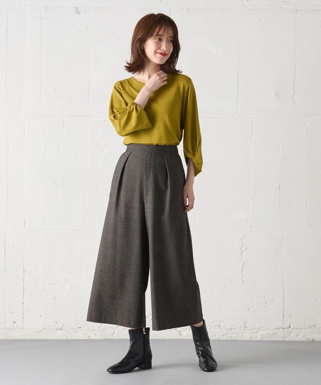 ANY 【洗濯機可能/ウエストゴム】ライトツイード ワイドパンツ モカ