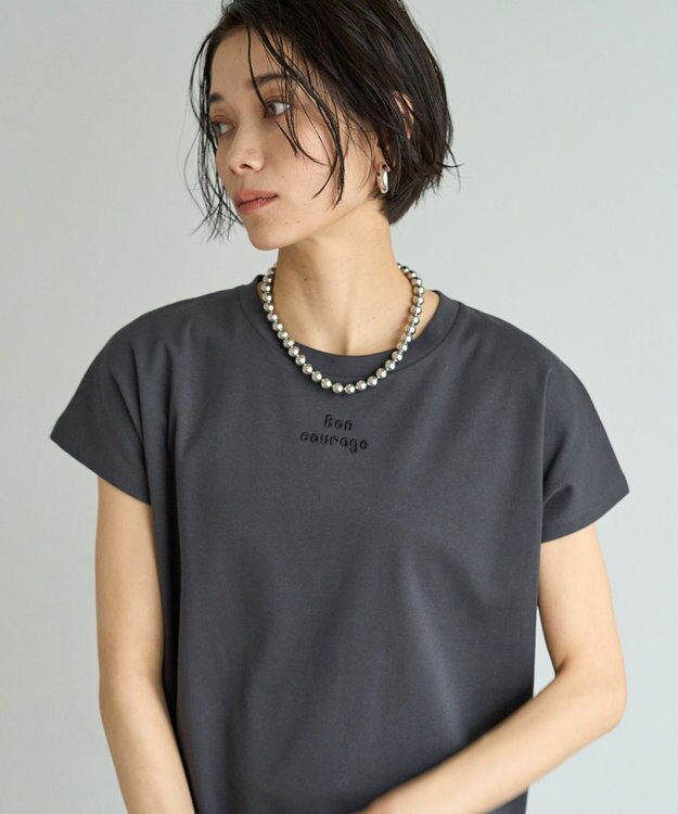 UNFILO BEAUTY FORM ロゴ刺繍フレンチスリーブTシャツ チャコール[ロゴ小]