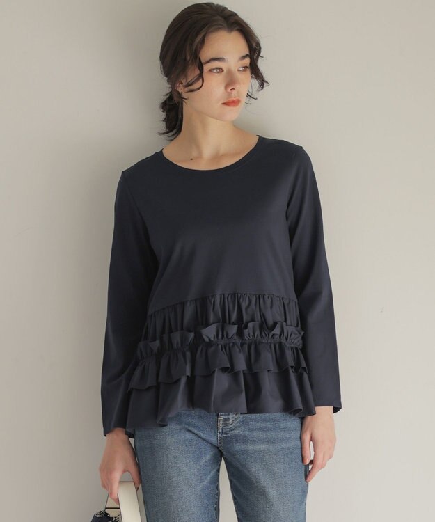 組曲 フリルシャツコンビ ロングTシャツ ネイビー系