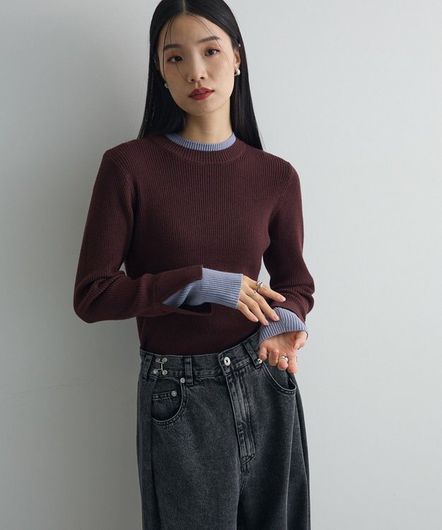 Green Parks ダブルカフスモックネック配色ニット Brown