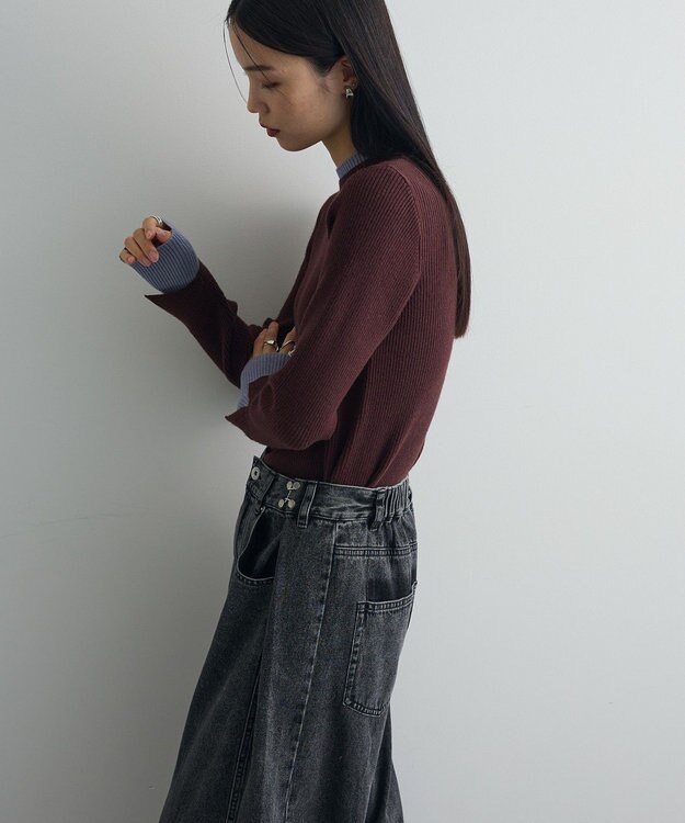 Green Parks ダブルカフスモックネック配色ニット Brown