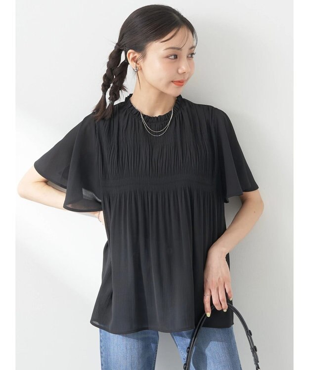 earth music&ecology マジョリカプリーツ半袖ブラウス Black