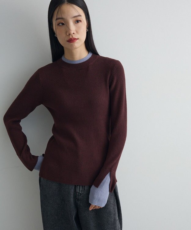 Green Parks ダブルカフスモックネック配色ニット Brown