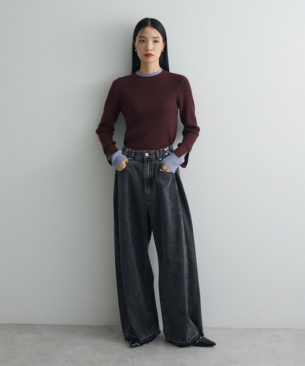 Green Parks ダブルカフスモックネック配色ニット Brown