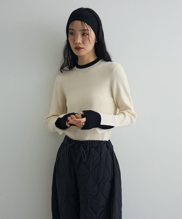 Green Parks ダブルカフスモックネック配色ニット Ivory