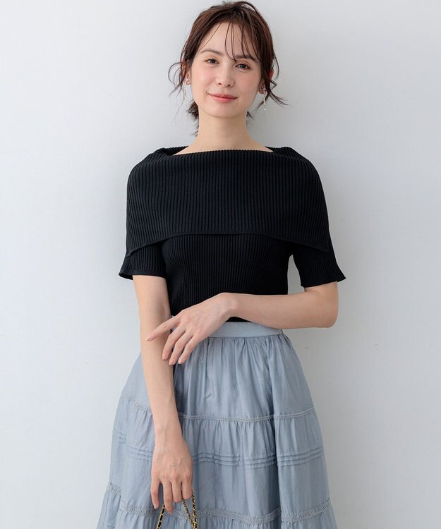 組曲 【WEB限定】クリアストレッチオフショルダー ニット ブラック系