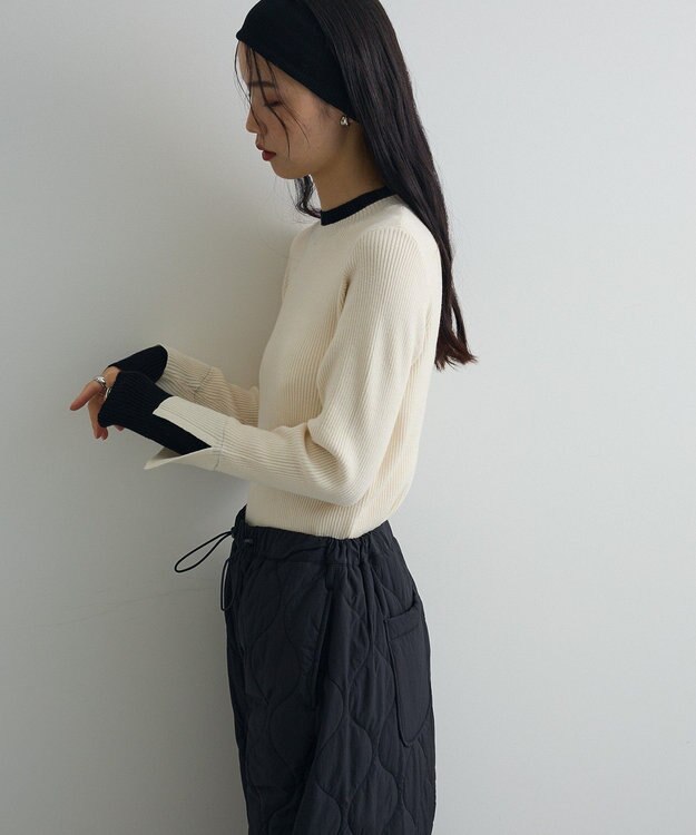 Green Parks ダブルカフスモックネック配色ニット Ivory