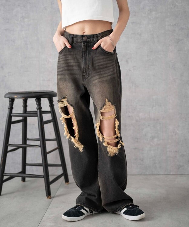 WEGO ヴィンテージウォッシュダメージデニムパンツ ブラック中濃色