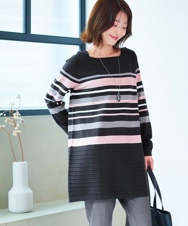 Tiaclasse 【洗える】マルチボーダーニットチュニック チャコールグレー