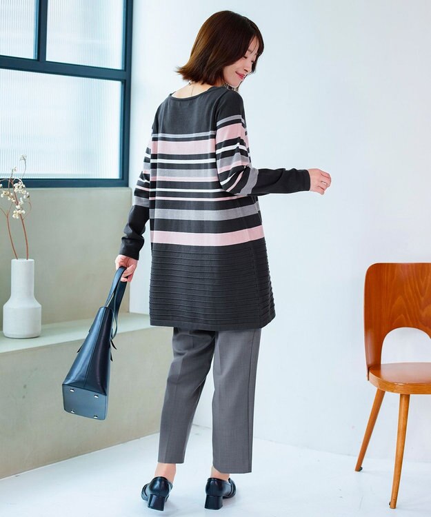 Tiaclasse 【洗える】マルチボーダーニットチュニック チャコールグレー