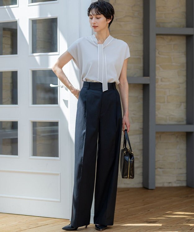 23区 S 【洗える】レーヨンポリエステルストレッチ ボウタイ ニット ライトグレー系