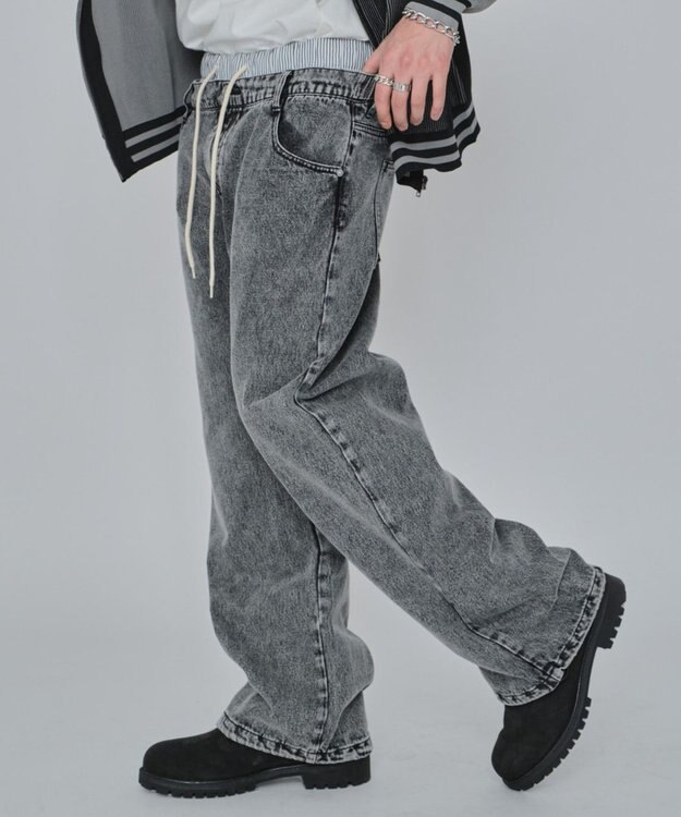 WEGO 【ユニセックス着用ITEM/MLサイズ展開/ウエストゴム】ボクサードッキングデニムパンツ デニムブラックソノタ