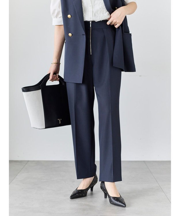 Te chichi フロントZIPリネンライクテーパードパンツ(セットアップ可) ネイビー