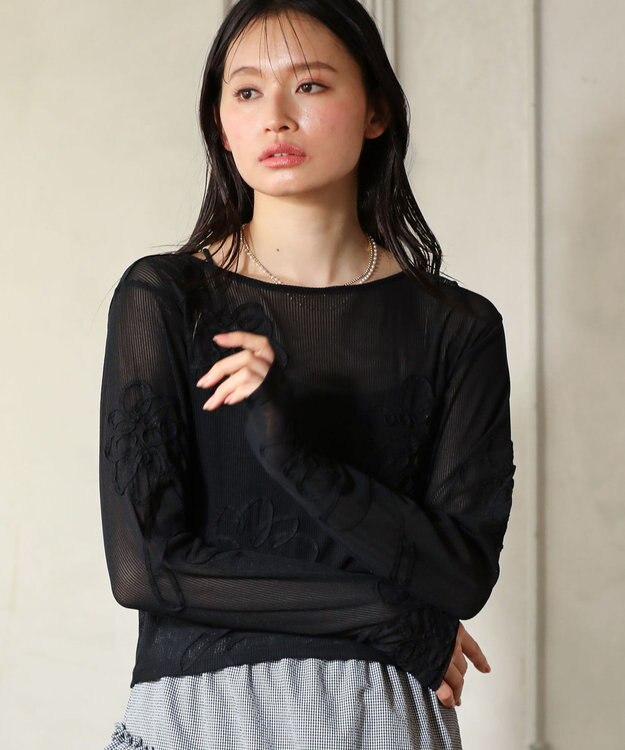 Green Parks ・ＥＬＥＮＣＡＲＥ　ＤＵＥ　コード刺繍シアーロンＴ Black