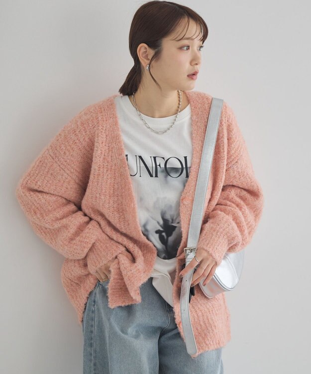 earth music&ecology 【ベルト付き】ＭＩＸカラーブークレカーディガン Pink Orange