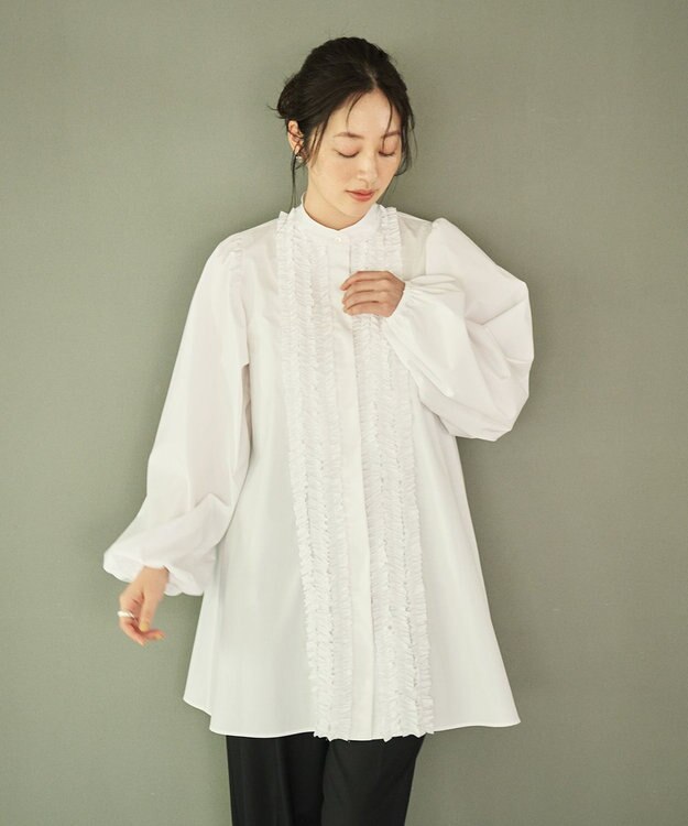 #Newans 【シワになりにくい/洗濯機可能】ロングフリルチュニック ホワイト