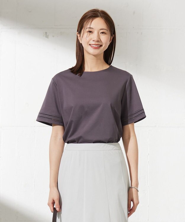 J.PRESS LADIES L 【接触冷感】コットンスムース 刺繍スリーブ カットソー スレート系