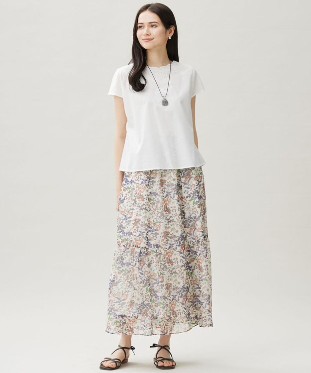 自由区 【セットアップ対応・洗える】ボタニカルフラワープリントティアード スカート エクリュ系