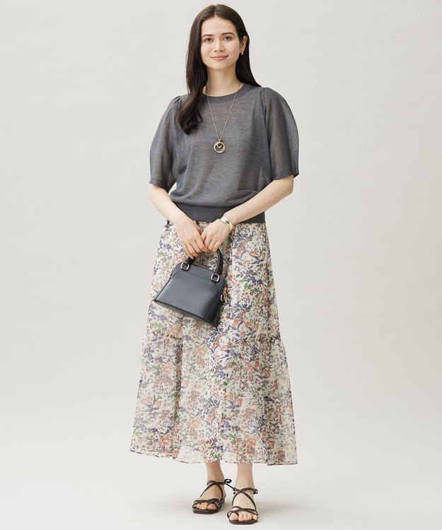 自由区 【セットアップ対応・洗える】ボタニカルフラワープリントティアード スカート エクリュ系