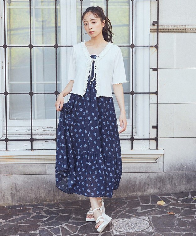 earth music&ecology 花柄シアーポップコーンキャミワンピース Navy