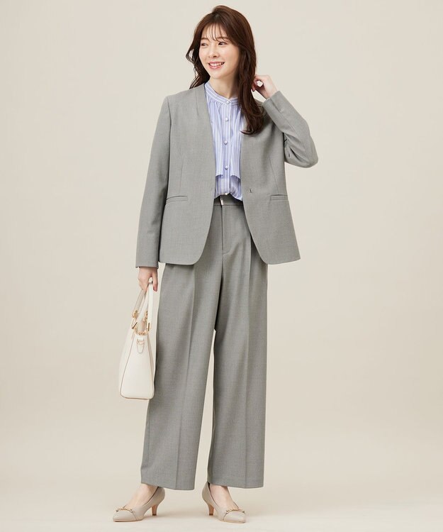 ANY SIS 【洗える】褒めらレディノーカラー ジャケット グレーシャンブレー