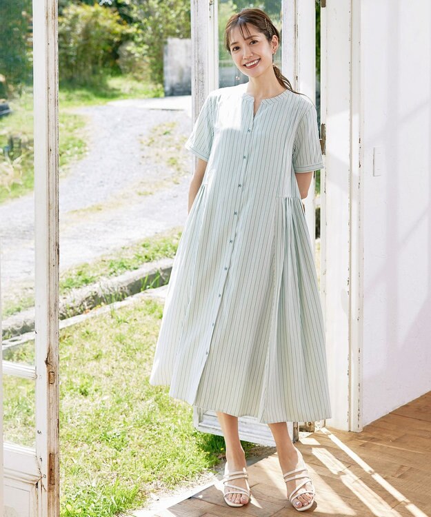 Tiaclasse 【洗える】サイドタックスキッパーシャツワンピース グリーン