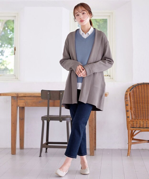 Tiaclasse 【洗える】リブ編み着流しカーディガン モカ