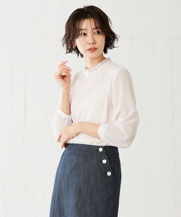 J.PRESS LADIES L カチオンストライプ フリルネック バンドカラー カットソー ピンク系1